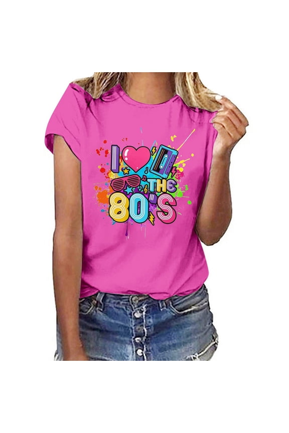 Plus Size Summer Clothes for Women 80s Vintage Floral Print Short Sleeve T Shirt For Women Retro Round Neck Tee Top V Neck Long Sleeve 2x Womens Blouse Long Shirt Petite Shirts Sexy Casual Hot Pink