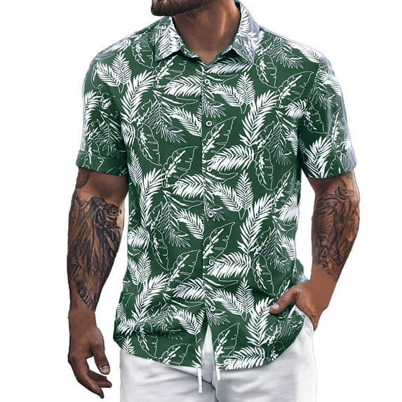 Mens T-shirts European Beach Men Trendy Comfortable Loose Sports Foreign Trade Business Casual Collar Button Open Shirt Short Sleeve Shirt Summer T Stretch Workout All Long Sleeve Mens Dark Green 2XL