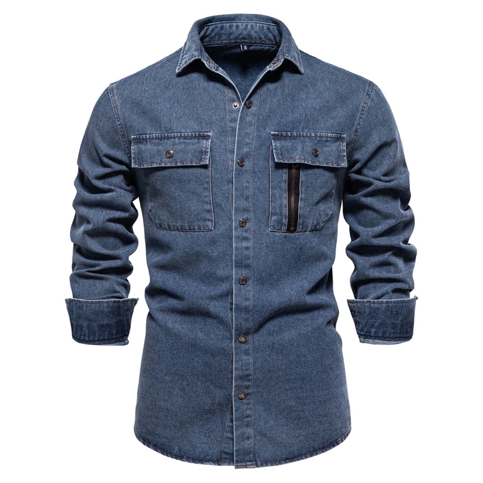 Mens T-shirts Fall New Trend European Size Denim Shirt Mens Casual Solid Color Long Sleeve Washed Shirt Long L Christmas T Fit Mom Baseball Mom Hoodies Men Turtle Neck Tee Sleeve Tees Dark Blue 2XL