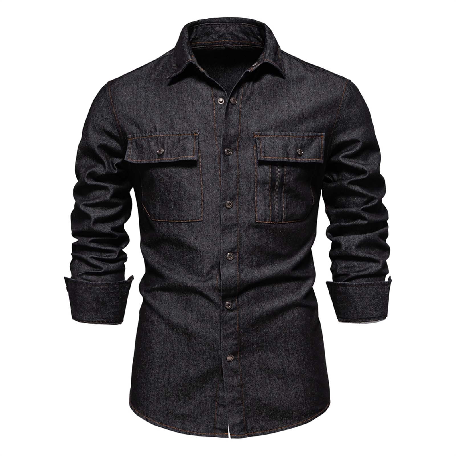 Mens T-shirts Fall New Trend European Size Denim Shirt Mens Casual Solid Color Long Sleeve Washed Shirt Long L Christmas T Fit Mom Baseball Mom Hoodies Men Turtle Neck Tee Sleeve Tees Black XL