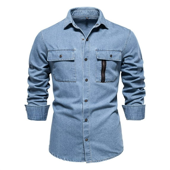 Mens T-shirts Fall New Trend European Size Denim Shirt Mens Casual Solid Color Long Sleeve Washed Shirt Long L Christmas T Fit Mom Baseball Mom Hoodies Men Turtle Neck Tee Sleeve Tees Blue M