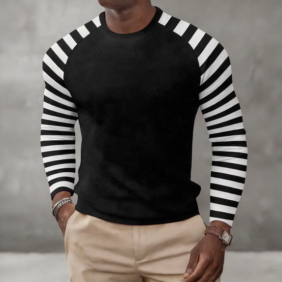 Mens T-shirts Long Sleeve Striped Crewneck T Shirt Soft Casual Basic Top Comtable Relaxed Daily Wear Tees Black L