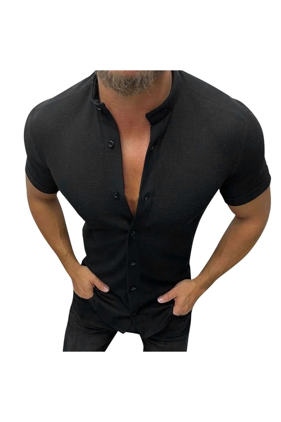 Mens T-shirts Male Spring And Autumn Plaid Stand Short Sleeve Shirt Solid Color Oversize Top Casual Loose Fit Tunic Top Long Sleeved Tee Polyester Mens Shirt Short Sleeved Tops Neon Tops Black 3XL