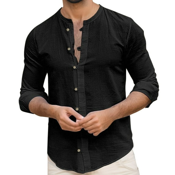 Mens T-shirts Male Spring And Autumn Solid Color Long Sleeve Shirt Stand Button Shirt Lady Long Sleeve Swim Men Workout T Shirts Men Summer plus Size Turtleneck Yoga Short Athletic Black M