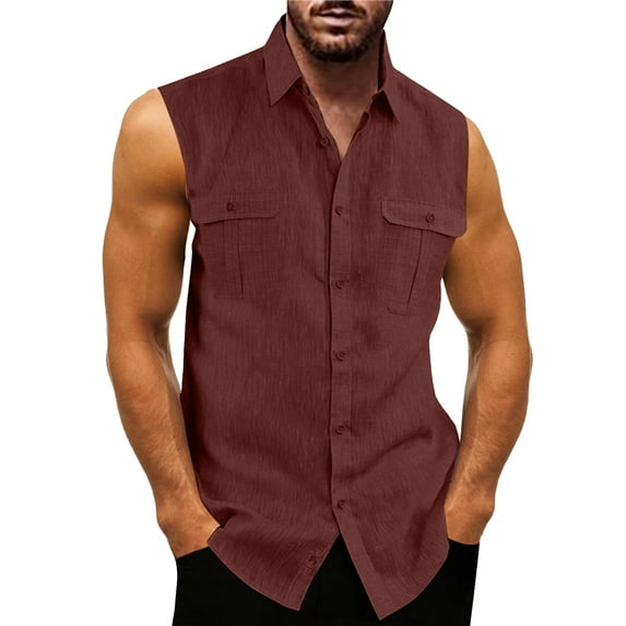 Mens T-shirts Male Summer Top Shirt Double Pocket Shirt Sleeveless Turn Down Collar Tee for Men Short Sleeve Scrub Jackets Men Polyester Spandex Long Sleeve Mens Blouse Scrub Jacket Wine XL