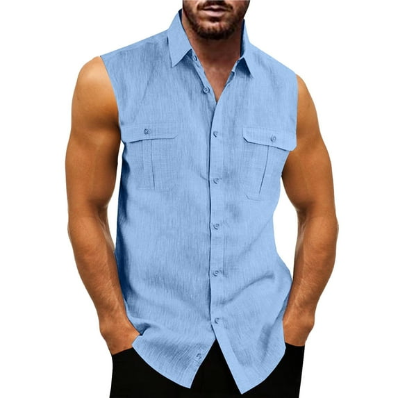 Mens T-shirts Male Summer Top Shirt Double Pocket Shirt Sleeveless Turn Down Collar Tee for Men Short Sleeve Scrub Jackets Men Polyester Spandex Long Sleeve Mens Blouse Scrub Jacket Blue 3XL