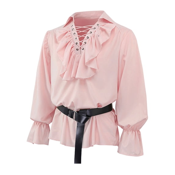 Mens T-shirts Male Vintage Lace Up Puffy Sleeve Solid Color Loose Shirt Drama Stage Top Summer Sleeve Shirt Casual T Men Fashion Trends Polyester Men Shirts Long Sleeves Workout Mens Pink XS