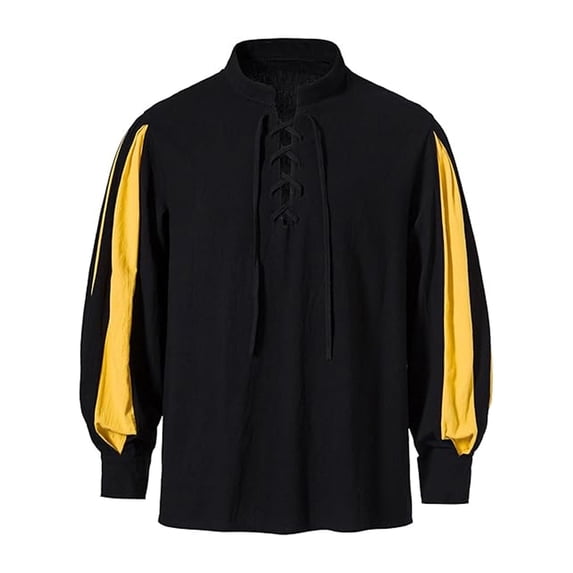 Mens T-shirts Men's Casual Loose Fit Stand Collar Shirt With Tie Detail Color Block Design For Daily Wear Comfortable Non Stretch Fabric All Season Mod Bod Tops Long Sleeve Shirt Men Yellow XL