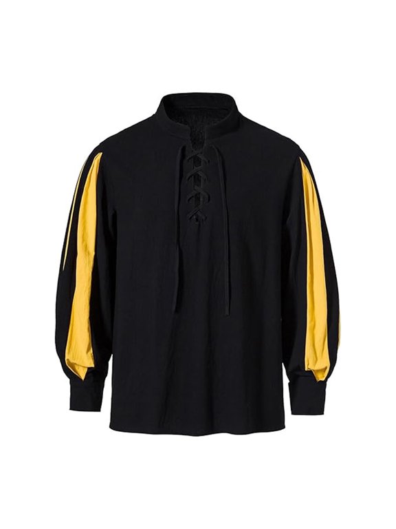 Mens T-shirts Men's Casual Loose Fit Stand Collar Shirt With Tie Detail Color Block Design For Daily Wear Comfortable Non Stretch Fabric All Season Mod Bod Tops Long Sleeve Shirt Men Yellow S