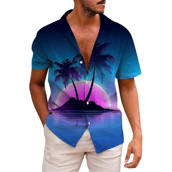 Mens T-shirts Men's Coconut Tree Short Sleeve Shirt Summer Casual 3D Printing Hawaii Short Sleeve Shirts Tops Mens Long Sleeved Workout Shirts Plain Long Sleeved Men Loose Fit Athletic Tops Dark Blue