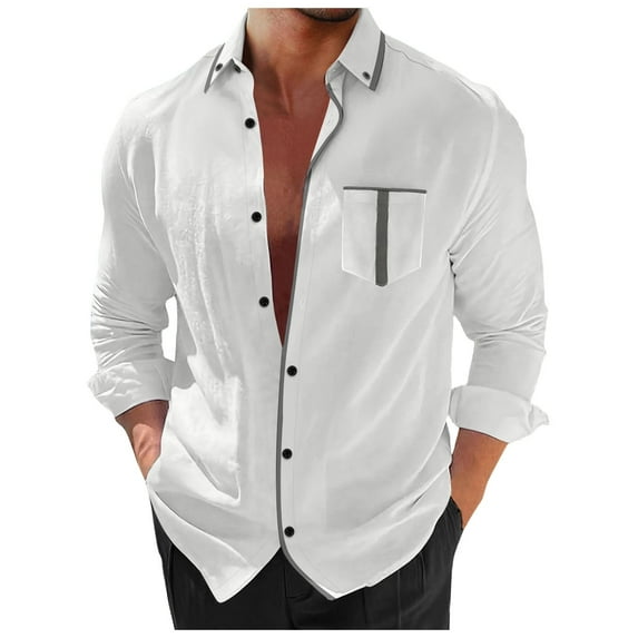 Mens T-shirts Men's Long Sleeve Lapel Shirt Casual Patchwork Holiday Cardigan Shirts Tops Long Sleeved Tee Shirts Men Trendy Men Turtle Neck Top Pack for Cute Athletic Tops Sleeve T for White M