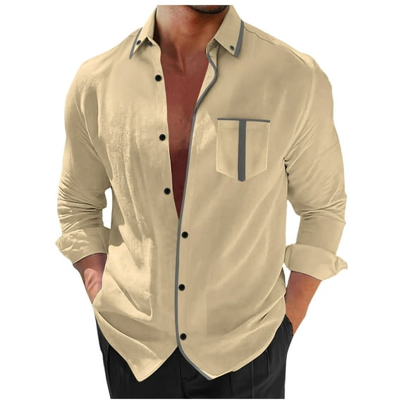 Mens T-shirts Men's Long Sleeve Lapel Shirt Casual Patchwork Holiday Cardigan Shirts Tops Long Sleeved Tee Shirts Men Trendy Men Turtle Neck Top Pack for Cute Athletic Tops Sleeve T for Khaki M