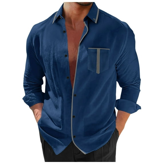 Mens T-shirts Men's Long Sleeve Lapel Shirt Casual Patchwork Holiday Cardigan Shirts Tops Long Sleeved Tee Shirts Men Trendy Men Turtle Neck Top Pack for Cute Athletic Tops Sleeve T for Navy XL
