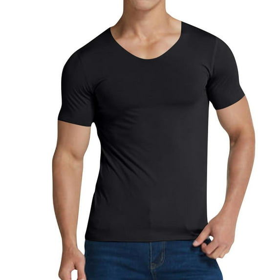 Mens T-shirts, Men's Solid Color V-Neck Short-Sleeved Pullover T-Shirt Fitness and Outdoor Seamless Stretch Tight Top M, Black