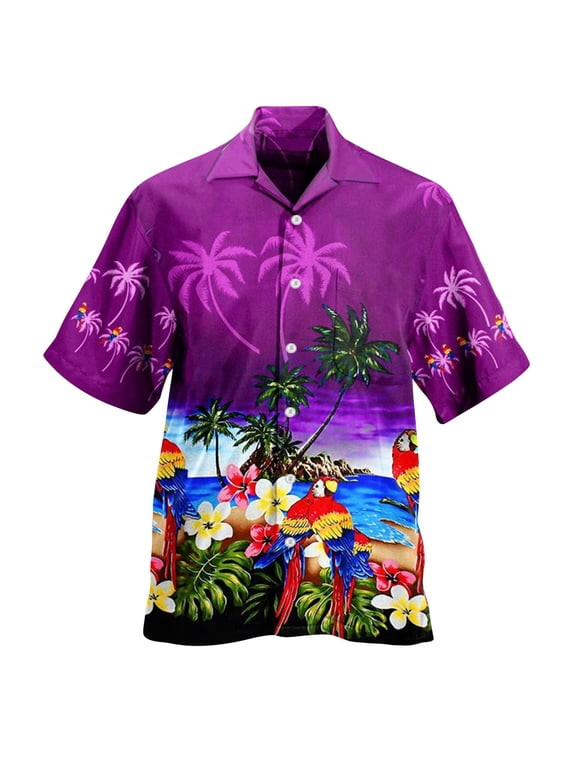 Mens T-shirts Men's Spring/ summer Fashion Casual Parrot Print Party Beach Loose Print Short Sleeve Shirt Ski Long Sleeve Shirt Men Business Casual Tees Men Scrub Long Undershirt under Scrub Purple