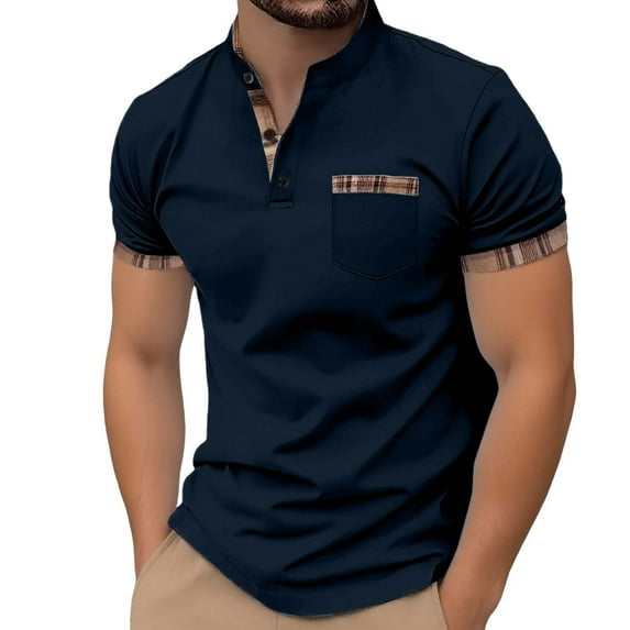 Mens T-shirts Men's Spring/ summer Fashion Stand Collar Solid Color Button Chest Pocket T Shirt Comfortable Breathable Top Men's Sports T Shirts Stretch Tee Small Summer Tops Men Shirt for Navy 3XL