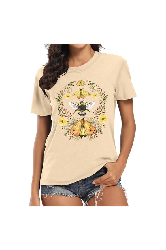 Plus Size Summer Clothes for Women Vintage Floral Butterflies Shirts Tops Moon Moth Flower T Shirt Nature Botanical Lovers Summer Tshirts Top Opaque Shirt Women Camisole Tops Beige L