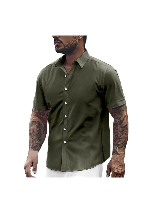 Mens T-shirts Mens Dress Shirts Short Sleeve Slim Fit Business Casual Shirts For Men Button Up Long Sleeve Plain Turtleneck Tee Men Work Shirt Short Older Blouses Quick Pack under Army Green 2XL