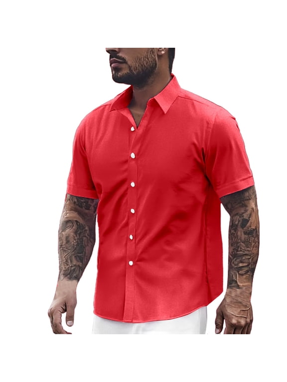 Mens T-shirts Mens Dress Shirts Short Sleeve Slim Fit Business Casual Shirts For Men Button Up Long Sleeve Plain Turtleneck Tee Men Work Shirt Short Older Blouses Quick Pack under Red XL