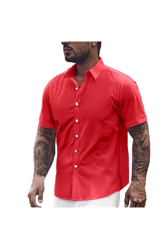 Mens T-shirts Mens Dress Shirts Short Sleeve Slim Fit Business Casual Shirts For Men Button Up Long Sleeve Plain Turtleneck Tee Men Work Shirt Short Older Blouses Quick Pack under Red 2XL