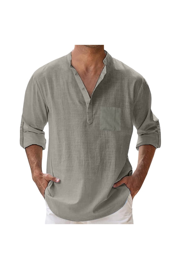 Mens T-shirts Mens Spring Summer Loose Stand Solid Color Pocket Long Sleeve Pullover Shirt Long Sleeved Casual Men T Shirt Tee Shirts Turtle Scrub Undershirts Men Tees And Tops Layering Grey L