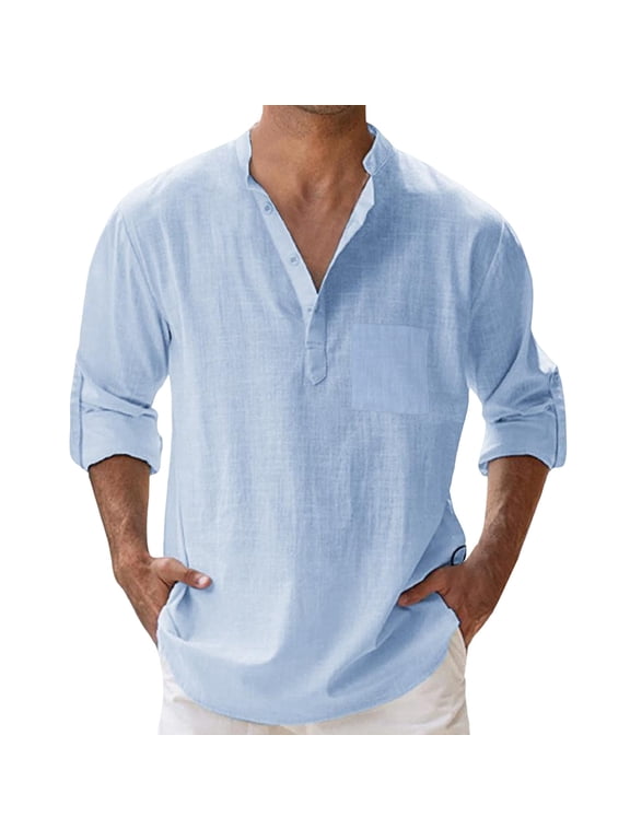 Mens T-shirts Mens Spring Summer Loose Stand Solid Color Pocket Long Sleeve Pullover Shirt Long Sleeved Casual Men T Shirt Tee Shirts Turtle Scrub Undershirts Men Tees And Tops Layering Blue 4XL