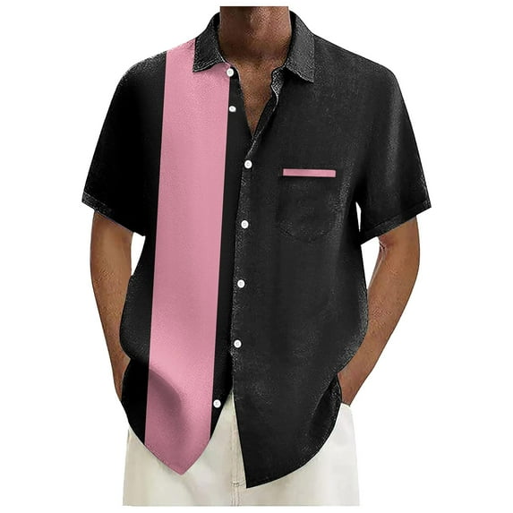 Mens T-shirts Mens Vintage Bowling Shirts 1950s Casual Short Sleeve Button Up Contrast Shirt Summer Color Block Cuban Shirts Long Sleep Men Fuzzy Outdoor Slipper Men Short Sleeve T Long Pink S
