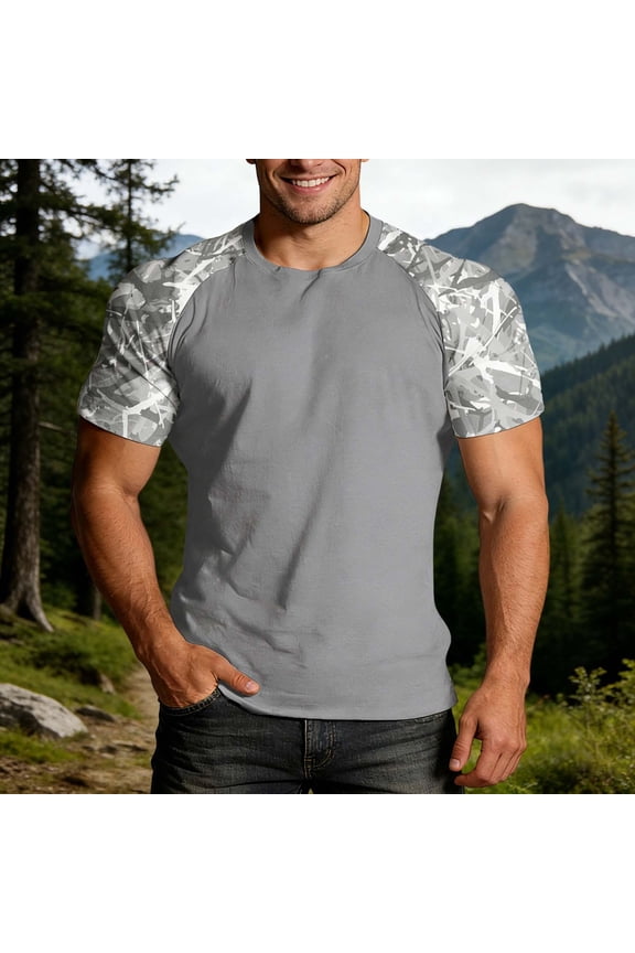 Mens T-shirts Short Sleeve Crewneck T Shirt with Camo Raglan Sleeves Casual Summer Lightweight Tees for Men Grey XL