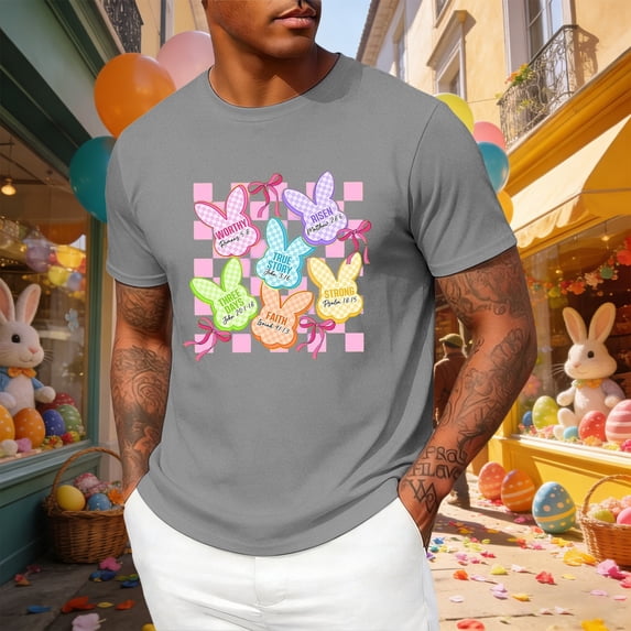 Mens T-shirts Short Sleeve Easter Graphic T Shirts Couples Funny Vacation Matching Soft Casual Unisex Tees Grey M