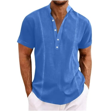 Mens T-shirts Short Sleeve Muscle Henley Shirts Summer Casual Breathable Basic Cotton Linen Shirts Band Collar Beach Hippie T Shirts V Neck Solid Color Vacation Tops