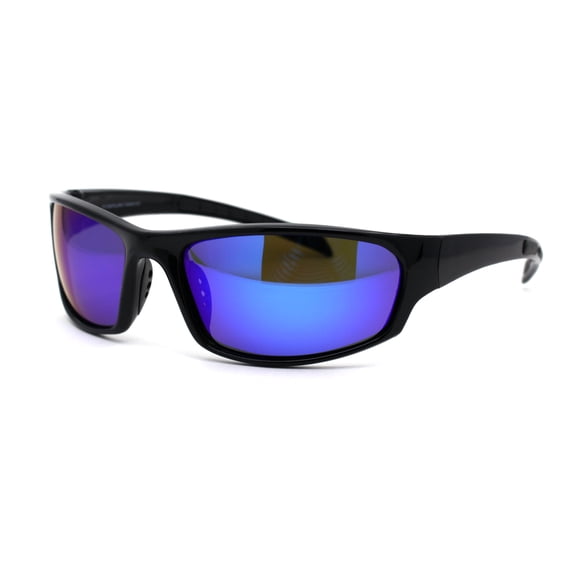 Mens Tac Polarized Light Weight Warp Around Sport Plastic Sunglasses Black Blue Mirror
