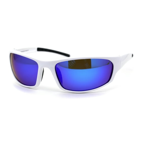 Mens Tac Polarized Light Weight Warp Around Sport Plastic Sunglasses White Blue Mirror