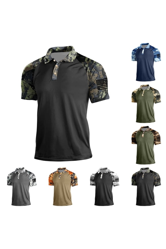 Mens Tactical Camo Shirts American Flag Lightweight Camouflage Casual Patriotic Button Up Short Sleeve Polo Shirt Camouflage 2XL