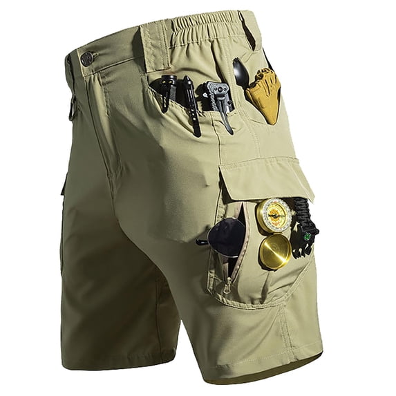 Mens Tactical Cargo Shorts Elastic Waist Waterproof Quick Dry Shorts Casual Outdoors Work Khaki M