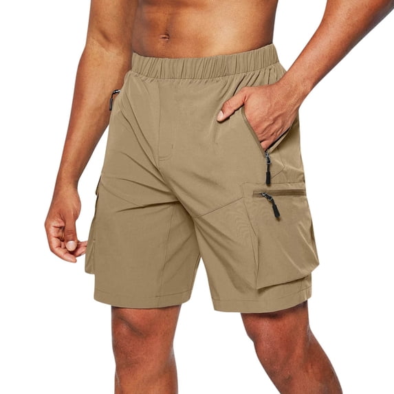 Mens Tactical Cargo Shorts With Zipper Pockets Quick Dry Elastic Waist Utility Shorts For Hiking And Work,Khaki,XXL