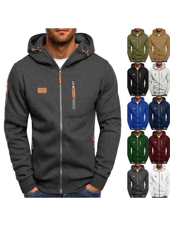 Mens Tactical Full Zip Fleece Hoodie Drawstring Hood Multi Cargo Pockets Tops Big & Tall Long Sleeve Sweatshirt Fall Winter Casual Wear,L,Dark Gray