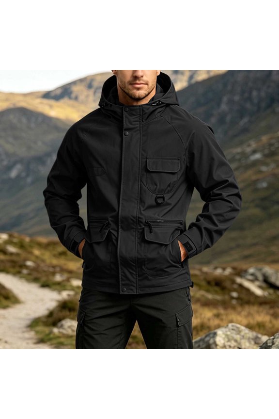 Mens Tactical Hooded Work Jacket with Multi Tool Pocket , Windproof Wear Resistant Breathable Long Sleeve Utility Coat for Outdoor Hiking Fishing Black