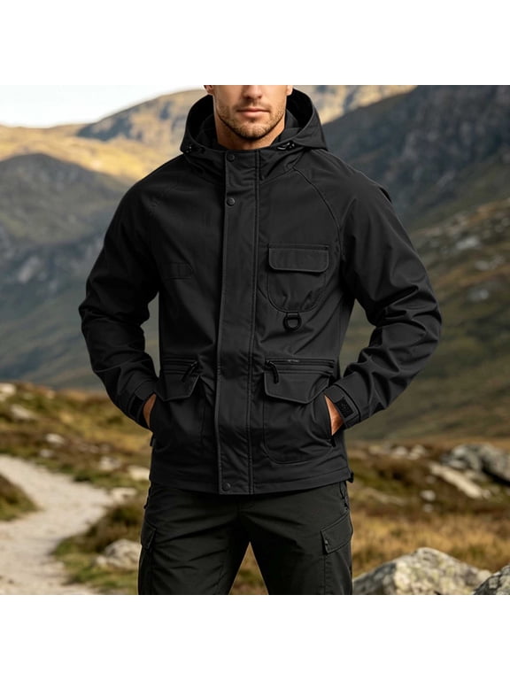 Mens Tactical Hooded Work Jacket with Multi Tool Pocket , Windproof Wear Resistant Breathable Long Sleeve Utility Coat for Outdoor Hiking Fishing Black