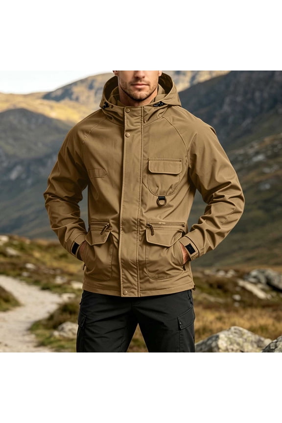 Mens Tactical Hooded Work Jacket with Multi Tool Pocket , Windproof Wear Resistant Breathable Long Sleeve Utility Coat for Outdoor Hiking Fishing Coffee