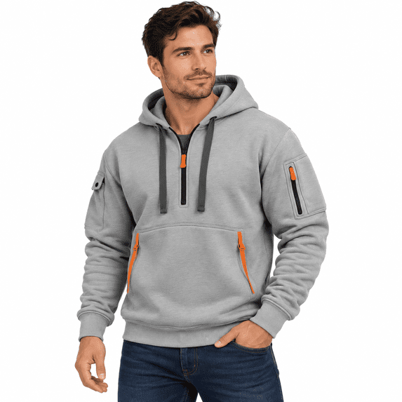 Mens Tactical Hoodie, Half Zip Pullover with Pocket, Casual Athletic Long Sleeve Tops for Men, Daily Work Outdoor Fall Winter Outfits Gray L