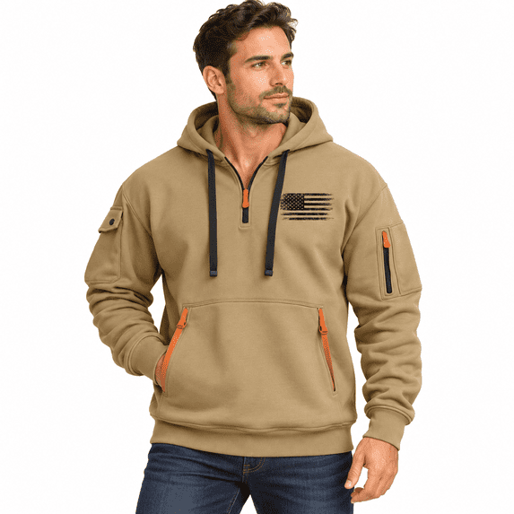 Mens Tactical Hoodie, Half Zip Pullover with Pocket, Casual Athletic Long Sleeve Tops for Men, Daily Work Outdoor Fall Winter Outfits Khaki L