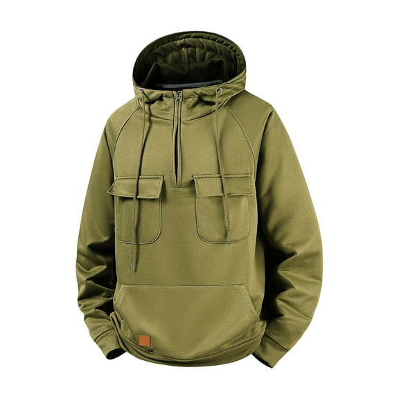Mens Tactical Hoodies with Multi Pockets Hooded Sweatshirt Fashion Loose Plain Work Hoodie Half Zip Sweatshirts Hoody Casual Sports Long Sleeve Pullover Tracksuit Tops Essentials Hoodie