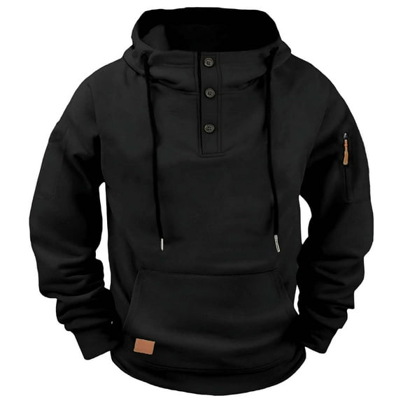 Mens Tactical Hoodies Sweatshirt Durable Utility Workwear Quarter Button Hooded Sweatshirts Athletic Pullover Drawstring Pocket Jacket