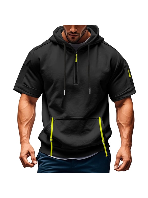 Mens Tactical Short Sleeve Half Zip Hoodie Muscle Fit Pullover Sweatshirt Cargo Arm Pocket Drawstring Hood Zipper Pocket Summer Streetwear Black 3XL