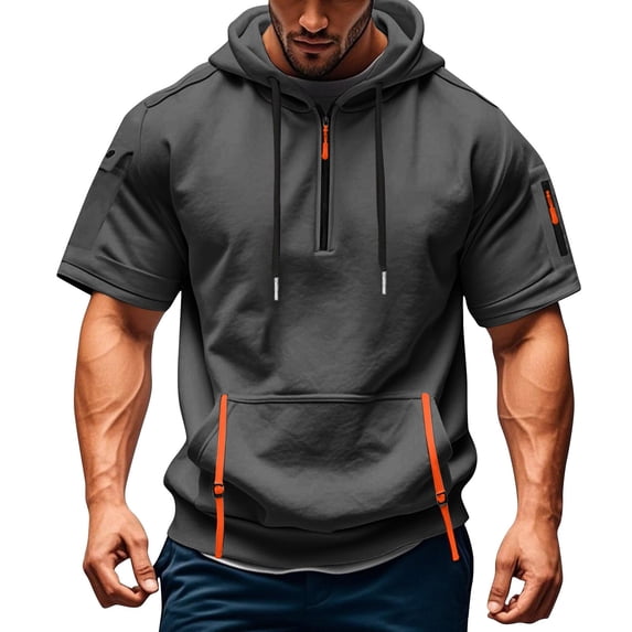 Mens Tactical Short Sleeve Half Zip Hoodie Muscle Fit Pullover Sweatshirt Cargo Arm Pocket Drawstring Hood Zipper Pocket Summer Streetwear Dark Gray 3XL