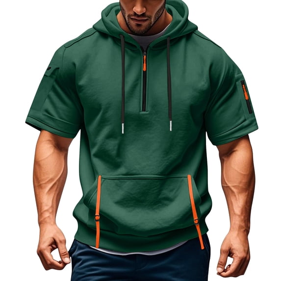 Mens Tactical Short Sleeve Half Zip Hoodie Muscle Fit Pullover Sweatshirt Cargo Arm Pocket Drawstring Hood Zipper Pocket Summer Streetwear Dark Green 3XL
