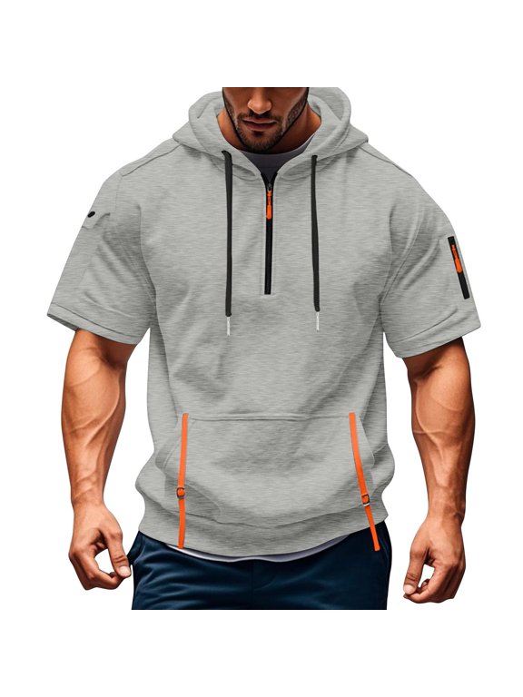 Mens Tactical Short Sleeve Half Zip Hoodie Muscle Fit Pullover Sweatshirt Cargo Arm Pocket Drawstring Hood Zipper Pocket Summer Streetwear Light Gray 3XL