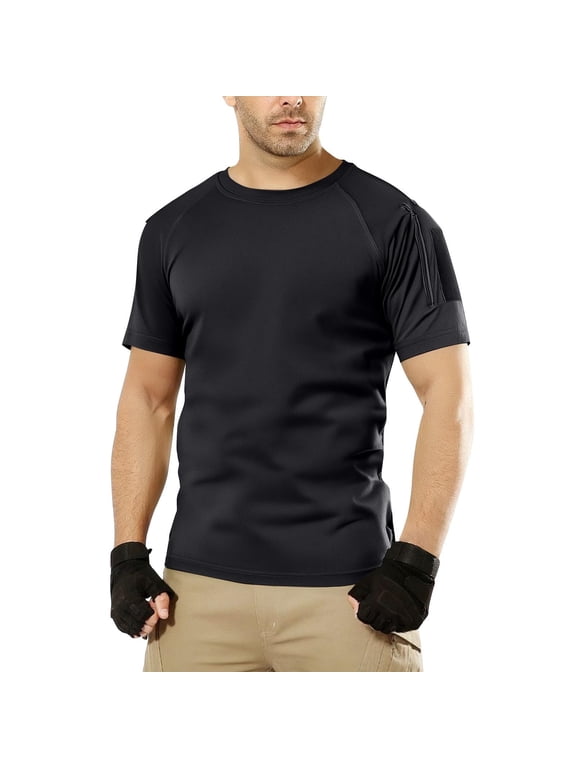 Mens Tactical Short Sleeve Shirts Military Training Shirt Summer Lightweight Crewneck Tshirts Breathable Quick Dry T-Shirts Camping Tops Outdoor Tactical Combat T Shirt with Zipper