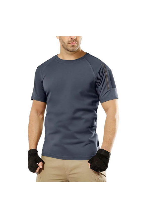 Mens Tactical Short Sleeve Shirts Military Training Shirt Summer Lightweight Crewneck Tshirts Breathable Quick Dry T-Shirts Camping Tops Outdoor Tactical Combat T Shirt with Zipper