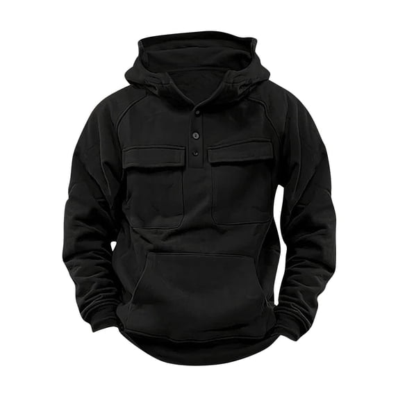 Mens Tactical Work Hoodies Long Sleeve Drawstring Hood 1/4 Button Pullover High Neck Casual Workout Sweatshirts
